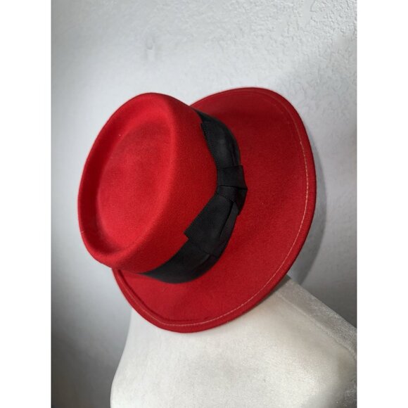 Halston Wool Red Black Bow Fedora Hat 5923 100% Wool Vintage Style Round - Picture 2 of 6